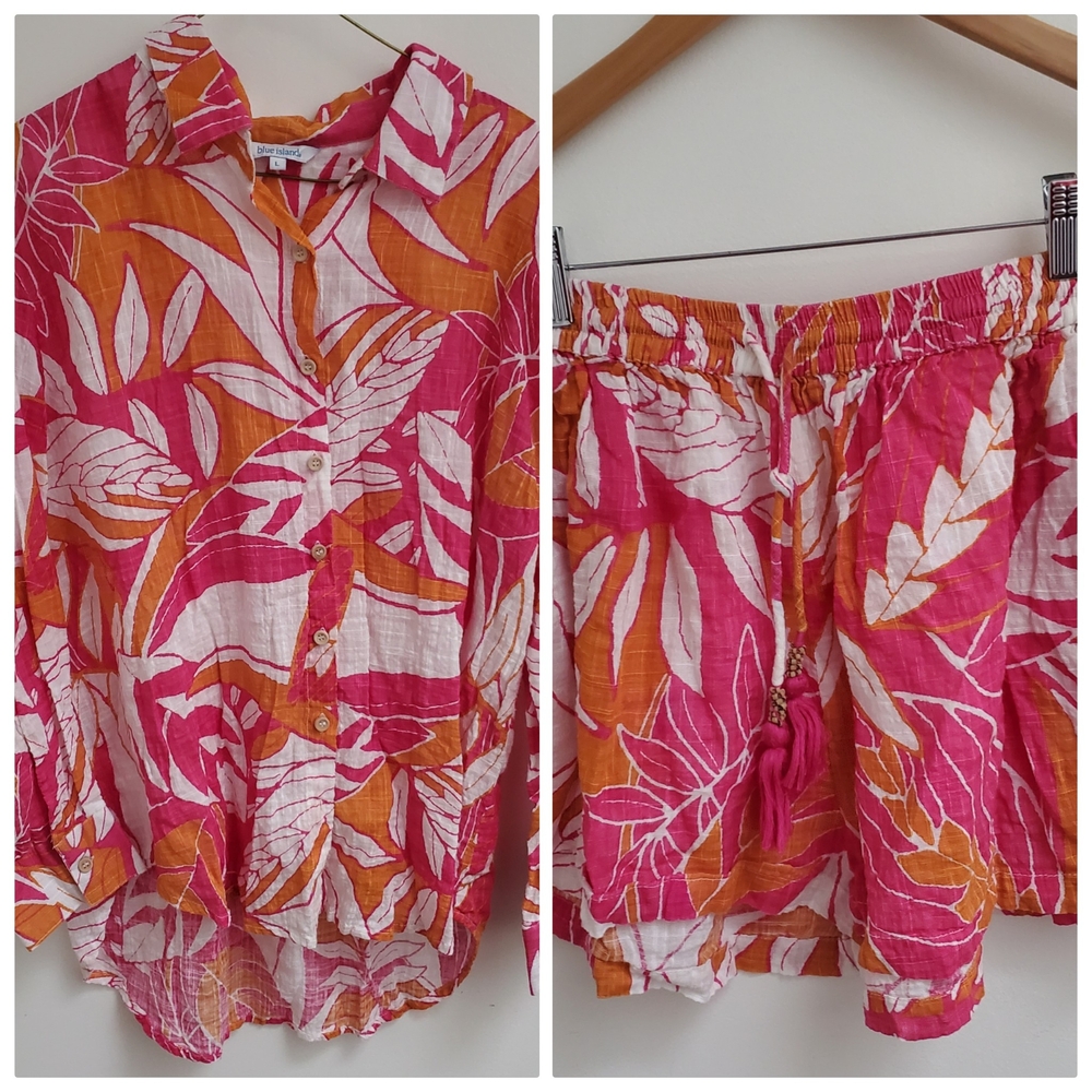Blue Island Vibrant Pink and Orange Leaf Print Set